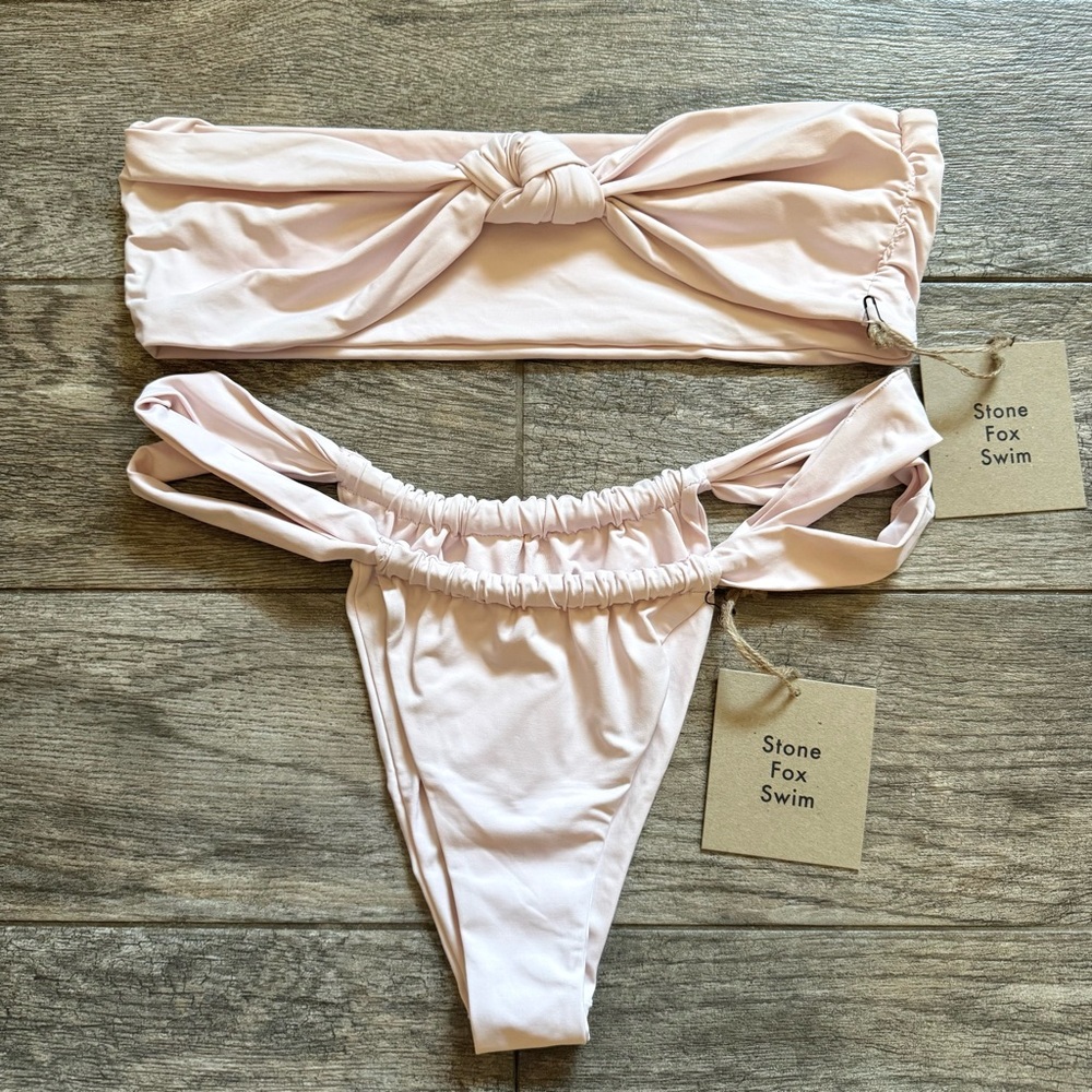 NWT Stone Fox Swim Lele Bandeau Bikini Top & Bijou Brazilian Bottom Sz XL Pink